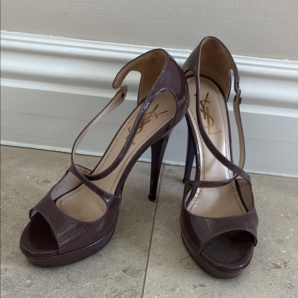Yves Saint Laurent Brown T-Strap Peep-Toe Heels